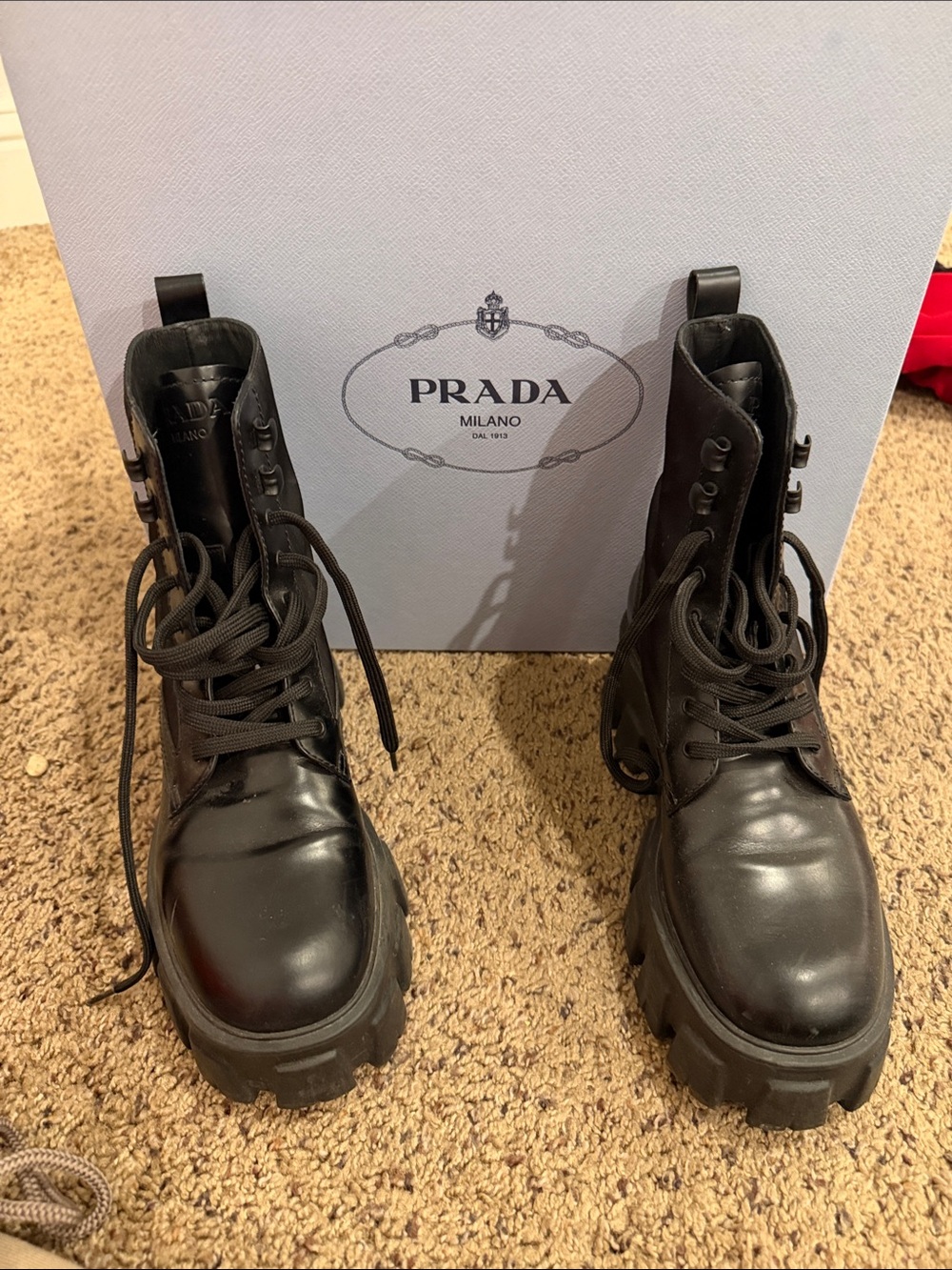 Prada Black Leather Platform Lug-Sole Lace-Up Boots